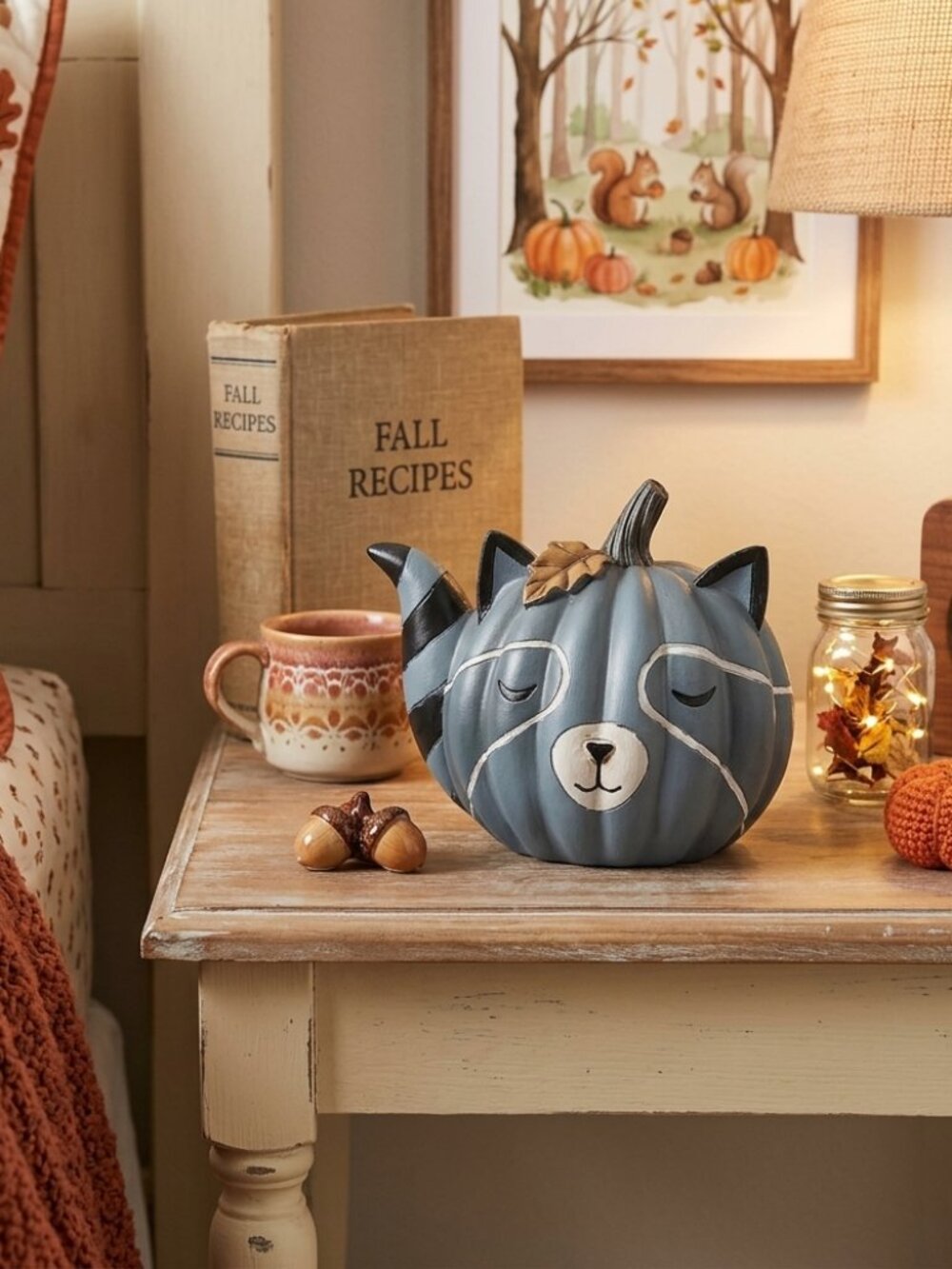 Fall Raccoon Pumpkin Figurine Blue Gray Woodland Animal Autumn Halloween Decor